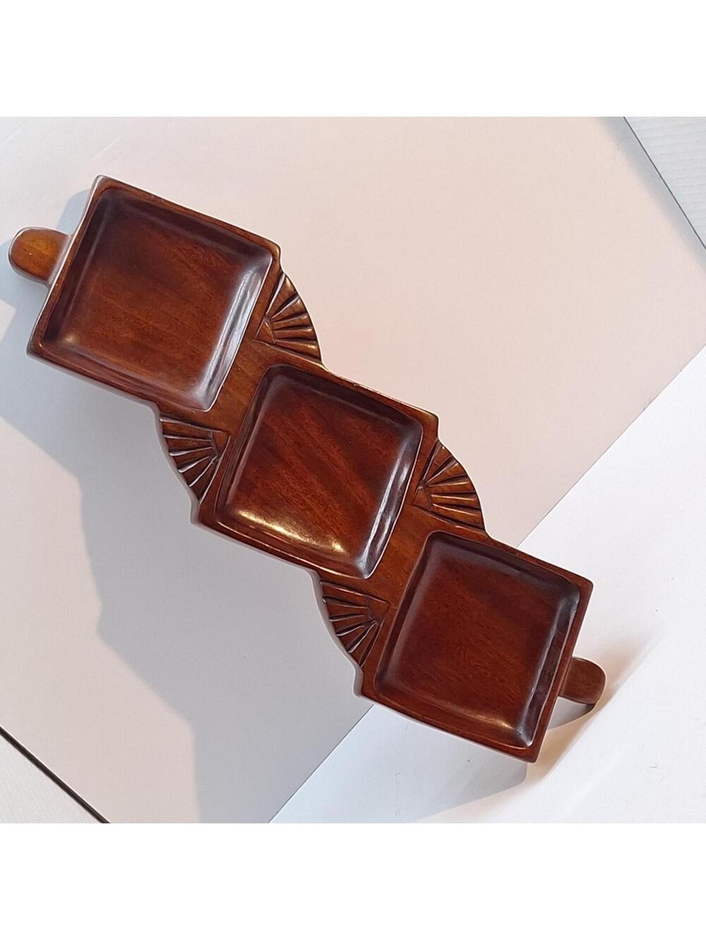 Solid Mahogany Carved 3 Compartment Serving Tray Made in Hayti Port-au-Prince - Picture 2 of 9